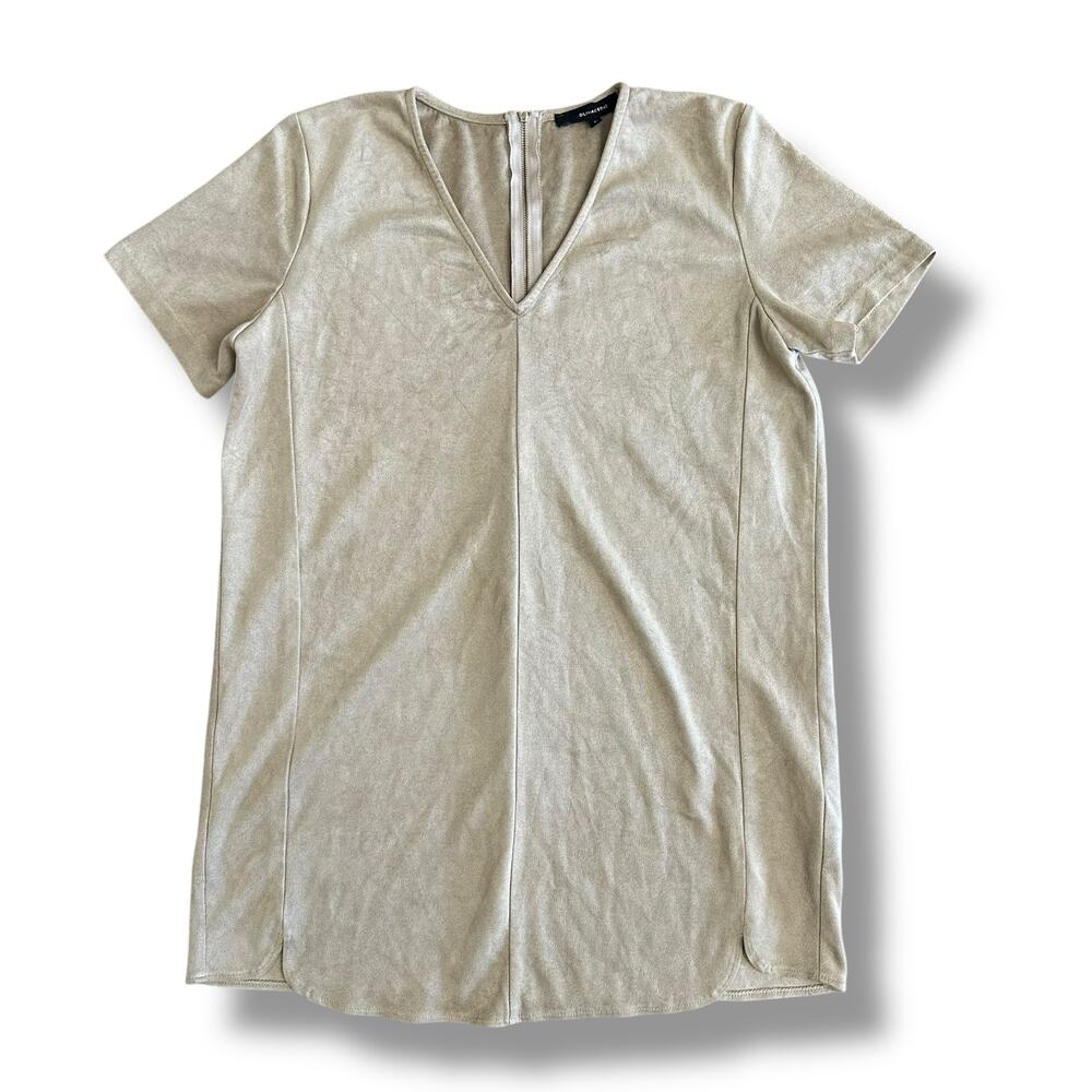 Oliveaceous Faux Suede Shift Dress M Taupe Beige V-Neck Short Sleeve